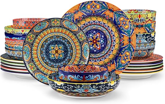 vancasso KRVI 24 Piece Dinnerware Set, Ceramic Plates and Bowls Set for 6, Bohemian Style Porcelain Dinner Set with Dinner Plates, Side Plates, Cereal Bowls and Pasta Bowls