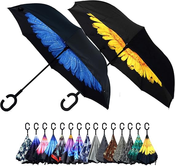 Parquet Purple and Blue Flower Double Layer Inverted Umbrellas - C Shaped Handle Reverse Folding Windproof Umbrella for Men and Women