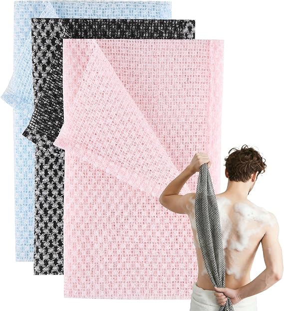 3Pcs Exfoliating Towel,Exfoliating Shower Towel,Back Extra Long Exfoliating Washcloth for Men Women,Exfoliating Body Scrubber for Cleaning and Massage, Slim and Portable, Ideal for Travel