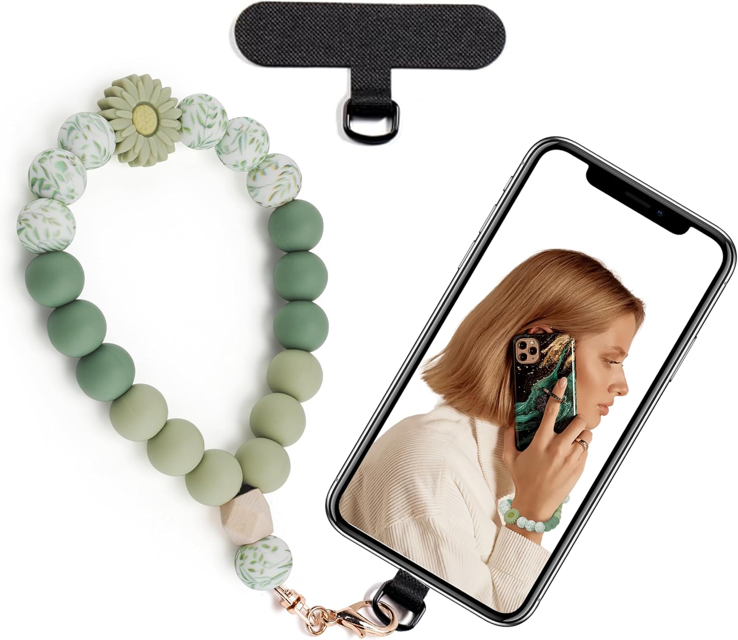 Silicone Beaded Phone Wrist Strap,Phone Bracelet Strap with Tether Tab,Elastic Hands-Free Wristlet Strap Green Daisy