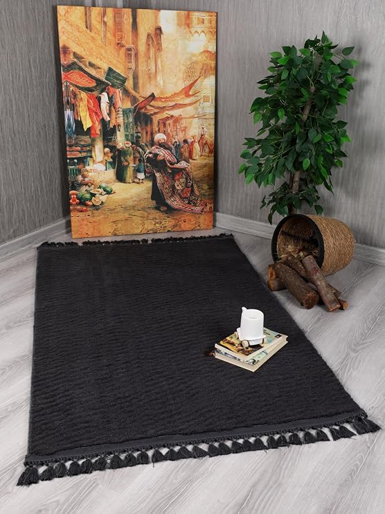 My Evilla Modern Dekoratif Örgü Saçaklı Simirna Peluş Halı Yolluk Antrasit 80 x 200