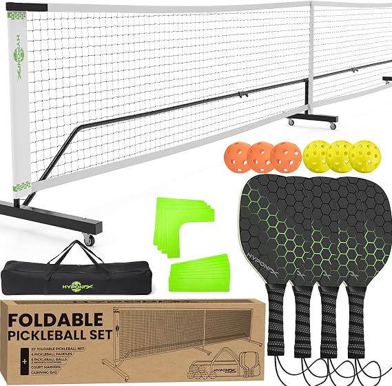 Hyponix Portable Pickleball Set with Net, 4 Paddles & 6 Balls