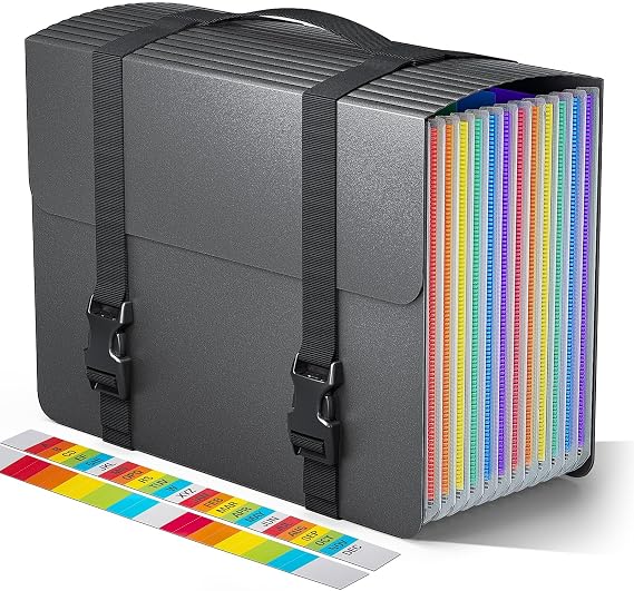 Accordion File Organizer,Expanding File Folders with Handle,13 Pockets Expandable Filing Folders,Tabs Included in Filing Box,Adjustable Strap,Bill Documents Organizer,A4/Letter Size,Black