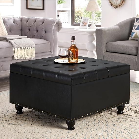 Setawix PU Leather Oversized Storage Ottoman Black,Large Square Ottomans with Storage,Tufted Sofa Footstool,Mid Century Modern Upholstered Ottoman Coffee Table for Living Room (Black PU)