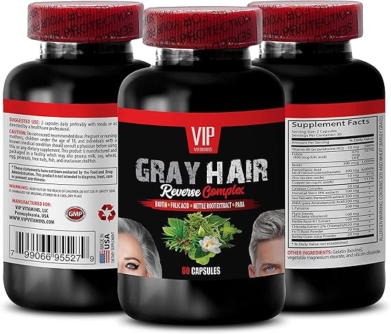 Hair Supplement - Gray Hair Reverse Complex, Biotin, folic Acid, Nettle Root - Saw Palmetto Extract, 1 Bottle (60 Capsules)