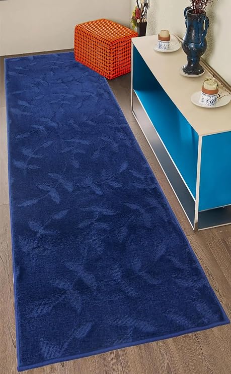 Custom Size Anti Slip Washable Soft Pile Floral Leaves Design Runner Rug (Navy, 26" x 5')