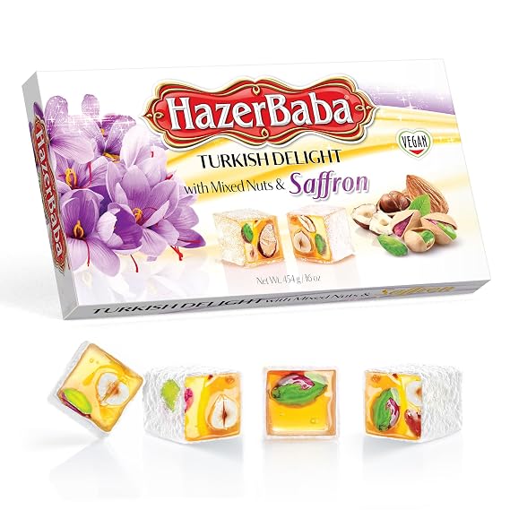 Hazer Baba Turkish Delight Candy, Mixed Nuts & Coconut-Dusted, 4.4oz (Pack of 1), Gourmet Snack Box, Traditional, Vegan Snack, Turkish Lokum, Sweets, Loukumi, Delicias Turcas, Halal, Kosher