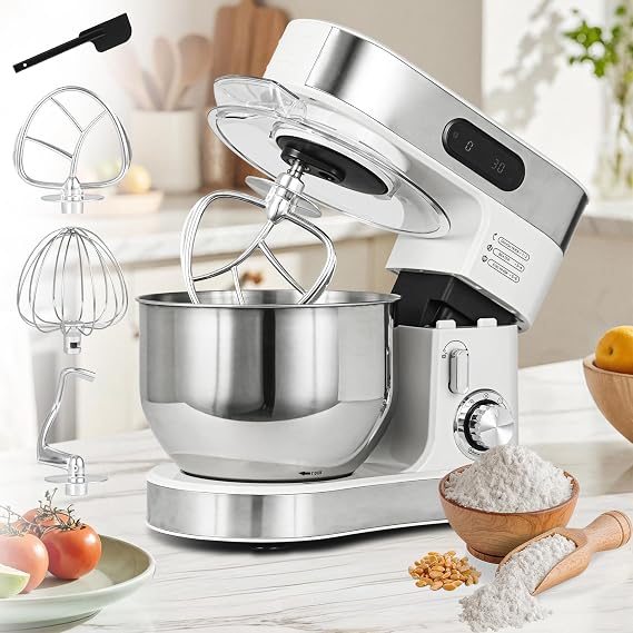 Stand Mixer, 5.8 QT Electric Food Mixer with 600W Pure Copper Motor, 6-Speed Tilt-Head Kitchen Mixer with Stainless Steel Bowl, Dough Hook, Whisk, Beater, Splash Guard & Scraper (White)