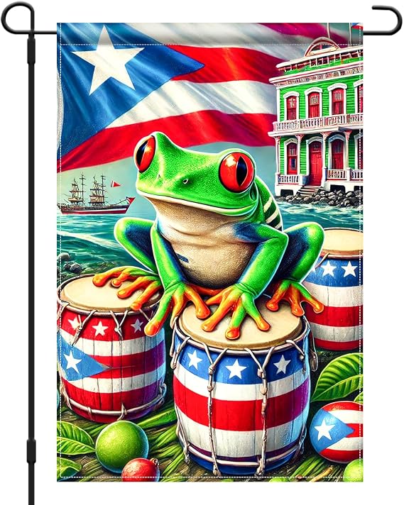 HOMETITUTE Puerto Rico Coqui Frog Garden Flag, 12x18 Double-Sided | Vibrant Puerto Rican pride artwork on polyester fabric, adds festive charm to outdoor spaces and celebrations