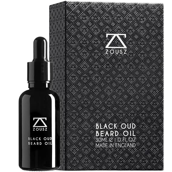 ZOUSZ Black Oud Beard Oil for Men Natural Beard Growth Oil with Argan & Avocado Oils Sandalwood Scent Softens, Strengthens & Conditions Facial Hair 30ml Bottle