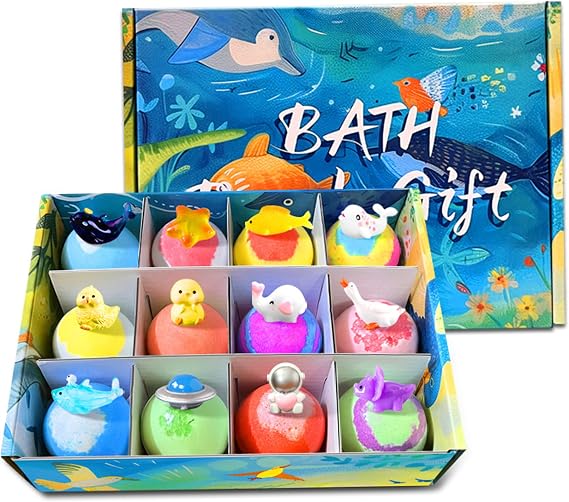 Bath Bombs for Kids with Toys Inside, 12-pack Kids Bath Bombs with Splashy Surprises, Ocean-themed Surprise Fizzies, 60g Each