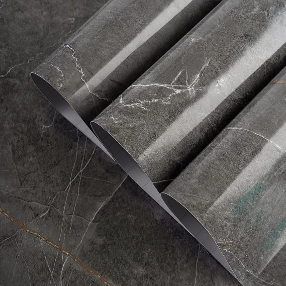 TOTIO Dark Grey Marble Peel and Stick Wallpaper Thick Shiny 24x197inch Granite Countertop Contact Paper Waterproof Oil-Proof Self-Adhesive Furniture Sticker Gray Marble Vinyl Wrap Sticky Back Plastic