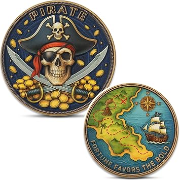 Pirate Adventure Challenge Coin, Skull and Crossed Swords Design with Treasure Map Back,Courage and Adventure Tribute Token for Life Milestones