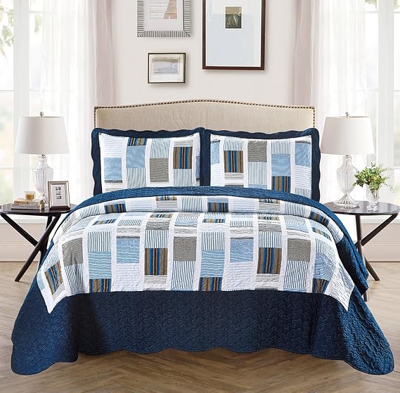 Mk Collection 3pc Full/Queen Oversize Reversible Quilted Bedspread Set Striped Squares Navy Blue White Gray New