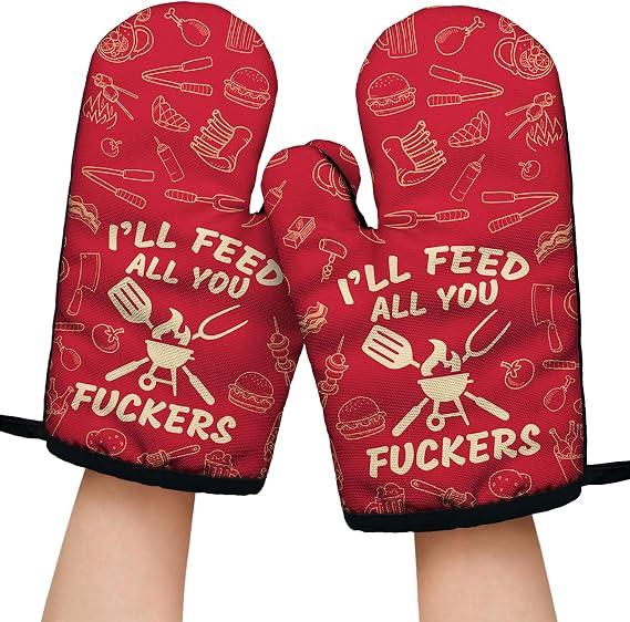I'll Feed All You Fuxxers Funny Oven Mitts with Hanging Loop and Silicone Non-Slip, Male and Female Chefs Baking Cooking Kitchen Utensils 2-Piece Set, Gifts for Husband Wife Bake Lover