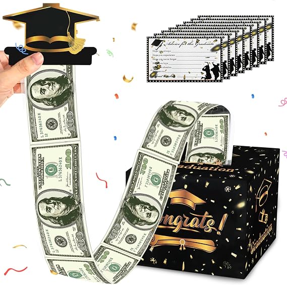 2025 Graduation Money Box for Cash Gift, Black Graduation Money Holder with 10 DIY Letter Papers for Your Weshes, Surprise Money Box for Cash Gift Pull with 30 Pcs Clear Bags(Graduation-Black)