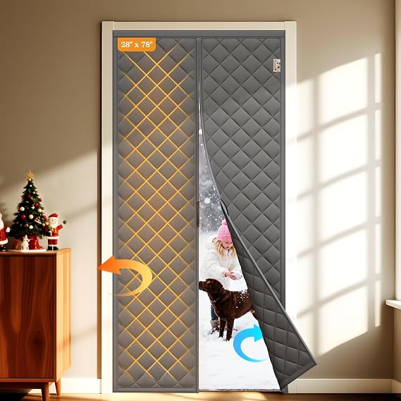 Yotache Magnetic Thermal Insulated Door Curtain, Fits 28" x 78" Doors, Gray | Curtain Size 30" x 80", Weatherproof Oxford, Cotton Fiber Fill, Keep Cold Drafts Out, Door Screen Cover, For Winter & Summer
