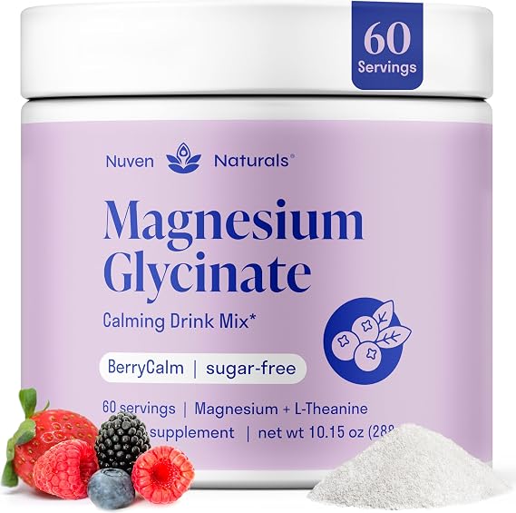 Magnesium Glycinate Powder + L Theanine, 60 Servings, 300mg, Mixed Berry