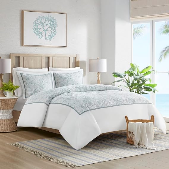 Harbor House 100% Cotton Duvet Cover, Embroidered Coastal Seashells, Starfish Duvet Cover Set – Light Weight Bed Comforter Covers, Maya Bay White Blue King/Cal King (106"x90") 3 Piece