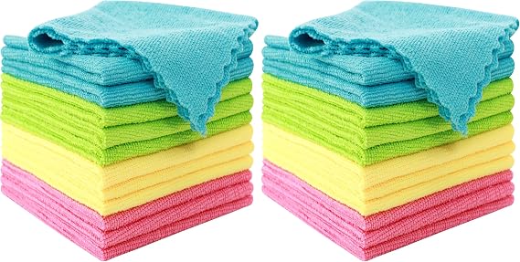 MOONQUEEN 24 Pack Microfiber Cleaning Cloth - Reusable Cleaning Rag, Fast Drying Cleaning Towels,12"X12", Green/Blue/Yellow/Pink