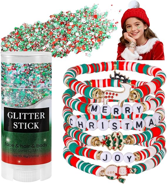 Mysense Christmas Glitter Stick for Face Hair Body and 6 Pack Joy & Merry Christmas Bracelets Set,Christmas Accessories for Women,Festive Stocking Stuffers,Party Favors and Decorations