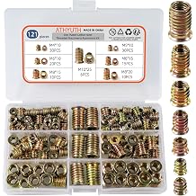 Threaded Inserts for Wood, 121 Pieces Zinc Plated Steel Thread Inserts Nuts Assortment kit for Hard Wood, Hex Socket Flanged Threaded Wood Inserts M4 M5 M6 M8 M10 Screw Inserts for Wood Forniture