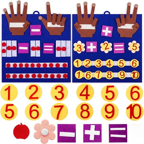 Deekin 2 Sets Learning Toys for Toddlers Math Felt Finger Number Board Set Educational Number Counting Blocks for Kids Montessori Toys(Black Brown)