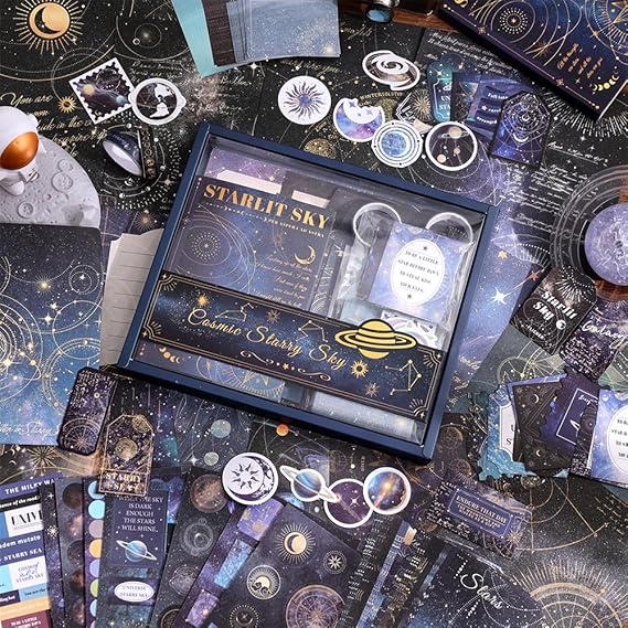 icceemee Scrapbooking Supplies Kit, Blue Starry Sky Scrapbooking Kit for Bullet Junk Journaling, Stationery, A6 Grid Notebook, Flower DIY Journaling Supplies, Birthday Craft Gift for Teen Girls