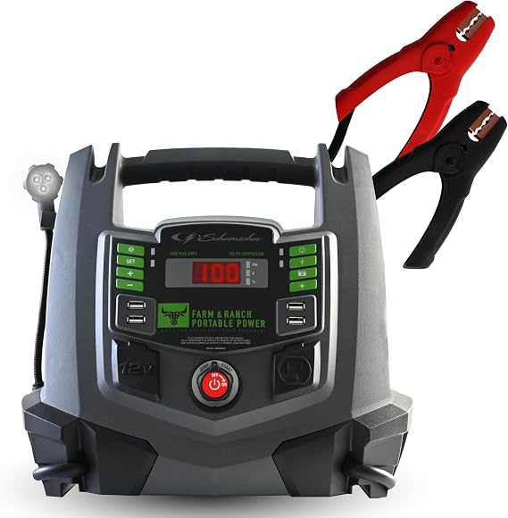 Schumacher Electric Farm & Ranch 1200A Car Battery Jump Starter and Portable Power Station, 5-in-1 Solution for 12V Batteries, 100-PSI Air Compressor, 200 Continuous/400 Peak Watt Inverter, FR01337