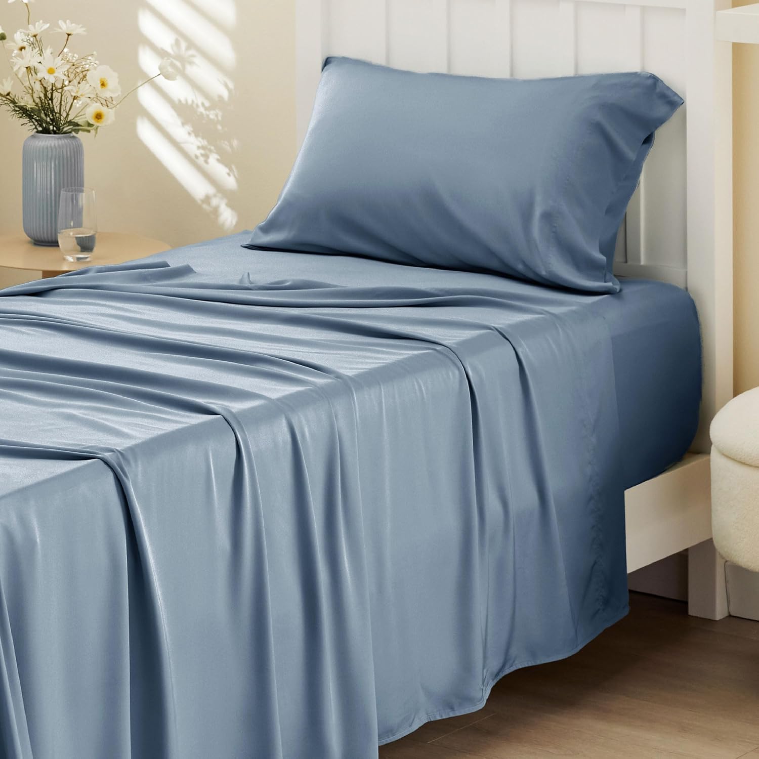 Bedsure Cooling Sheets Twin, Rayon Derived from Bamboo, Breathable & Soft Twin Sheets Set, Deep Pocket Up to 16 Inches, Hotel Luxury Silky Bedding for Hot Sleepers, Mineral Blue