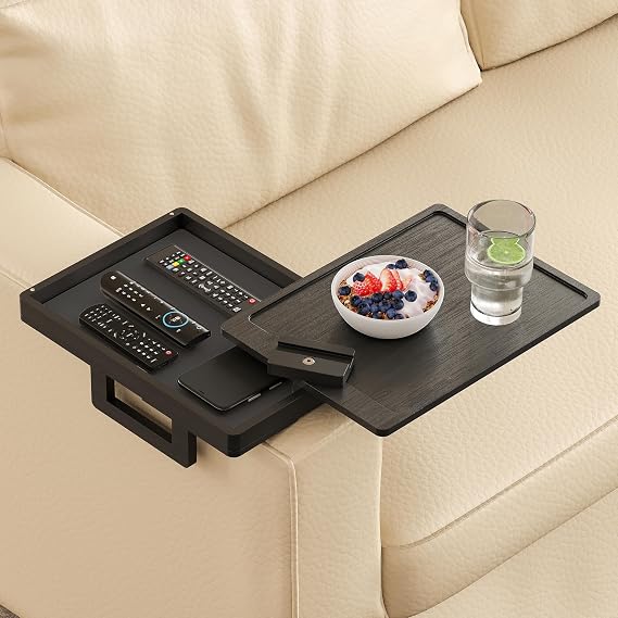 Wealone Black Couch Arm Tray for Wide Couch, Bamboo Sofa Arm Clip Table with Storage Box, Armrest Tray with 360°Rotating Phone Holder, Sofa Table Clip for Eating, Drinks or Dining