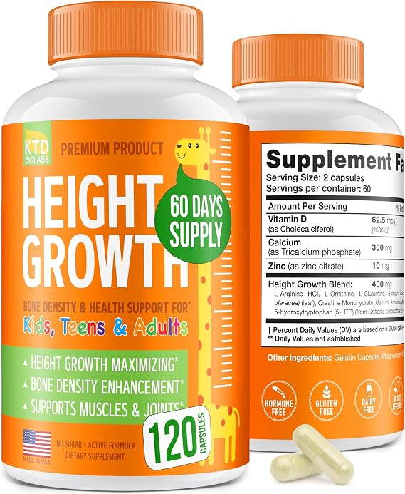 Kids Height Growth Support Capsules Extended Supply Development Formula with Calcium, Vitamin D3 & Zinc Bone & Nutrition Support for Kids & Teens Amino Blend 120 Capsules