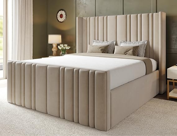 Brixton Wingback Double Bed Frame 4ft6, Modern Plush Velvet Upholstered Design, Luxury Double Bed Base with High Headboard, Stylish Bed Frame Double for Bedrooms in Cream Plush