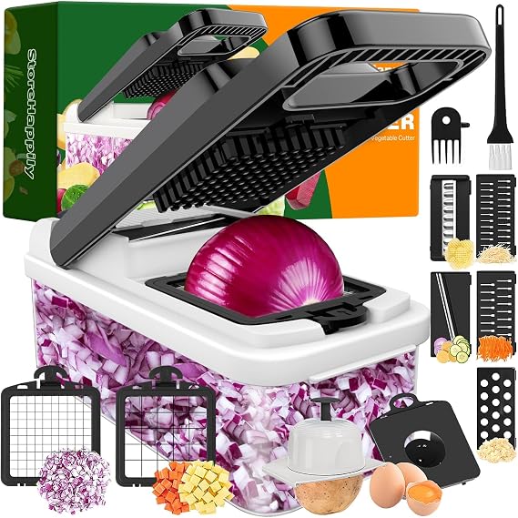 12-in-1 Vegetable Chopper 7 Blades, Veggie Cutter with Handle, Black/White