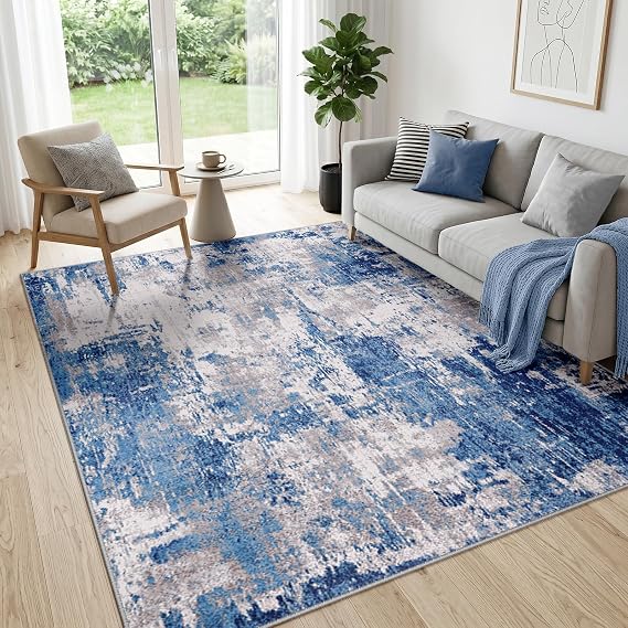 Rugs Living Room 150x210 cm, Washable Rug for Bedroom, Greyblue | Soft Low Pile, Anti-Slip, Modern Abstract Style, Extra Large Area Covering for Dining Room, Kitchen, Hallway, Entryway