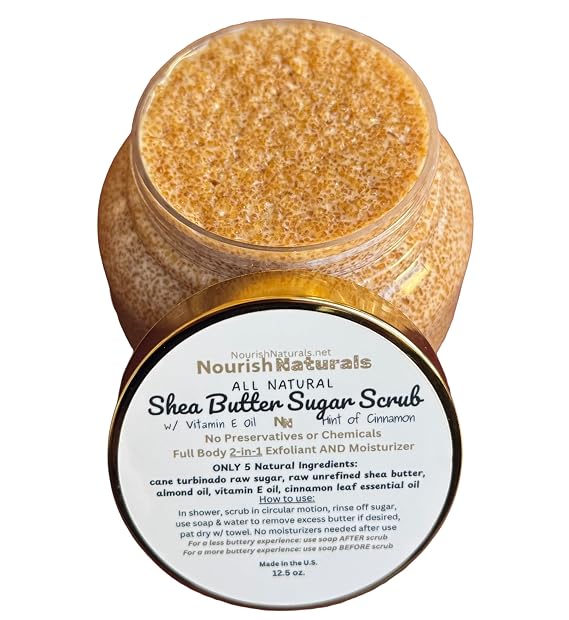 Shea Butter Sugar Scrub, 2-in-1 All Natural Full Body Exfoliant and Moisturizer, 5 Simple Ingredients for Full Body Care, Nontoxic, Winter Shower Scrub, Cinnamon Oil