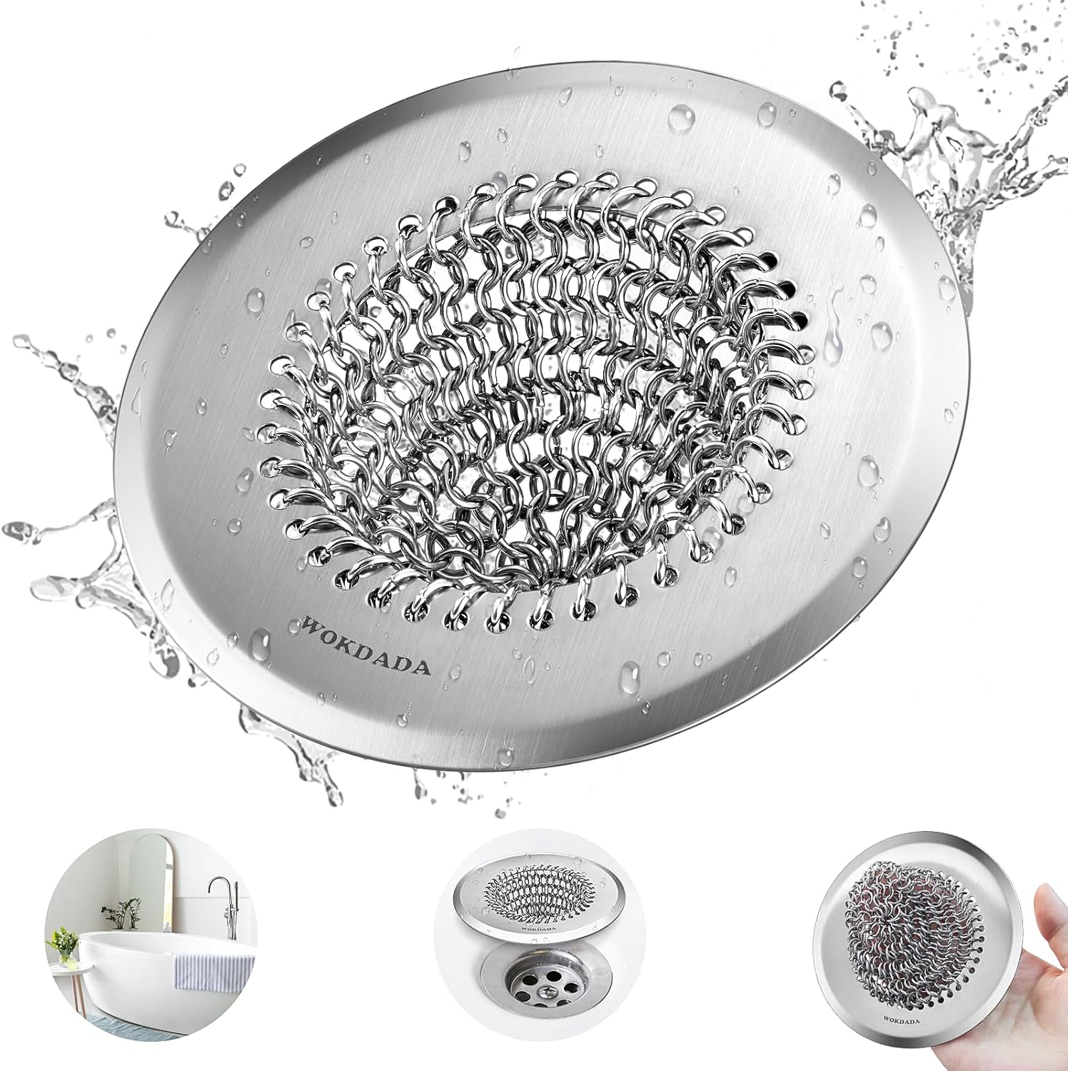 WOKDADA Shower Drain Cover, Fast Drainage Hair Catcher for Shower Drain, Reversible 304 Stainless Steel Drain Protector, Fits Shower, Bathtub, Pop-Up & Regular Bathroom Drains(Patented Product)