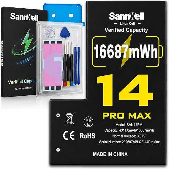 SannXell Upgraded High Capacity Battery for iPhone 14 Pro Max Replacement, 16687mWh 0 Cycle A2651 A2893 A2894 A2895 A2896 Model, Ultra Long Lasting Li-ion Battery with Full Repair Tool Kit