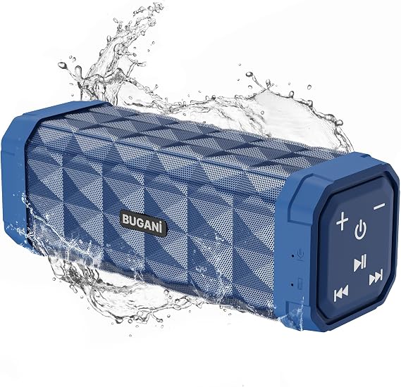 BUGANI Bluetooth Speaker,Portable Wireless Speaker,Louder Volume,Stereo Sound,24H Playtime, Bluetooth 5.4,100ft Wireless Range,Built-in Mic,IPX5 Waterproof Speakers for Home,Outdoor,Travel (Blue)
