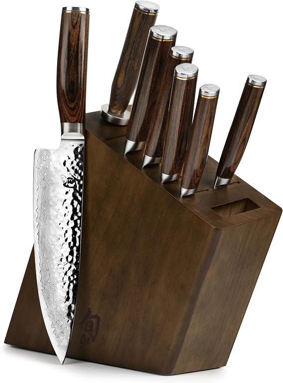 Shun Premier 8 Piece Block Set | Includes 8" Chef, 4" Paring, 6" Boning Fillet, Honing Steel & More, Damascus Stainless Steel Cladding, Pakkawood Handle