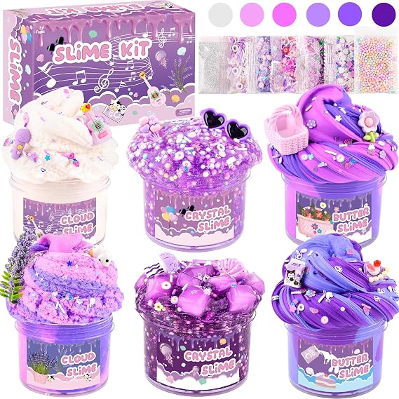 6 Pack Slime Kit, Purple Dream Slime Kids, Cloud Butter & Clear Slime, Party Favors, Toys for Girls Boys Ages 5 6 7 8 9 10 11 12, Goodie Bag Stuffers, Birthday Gift Ideas Cute Stuff