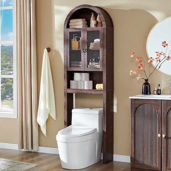 IFGET Arched Over The Toilet Storage Cabinet with Acrylic Doors,Dark Walnut | Modern Over Toilet Bathroom Organizer Shelf, Small Wooden Bathroom Storage Cabinet with Open & Adjustable Shelf, Space Saver