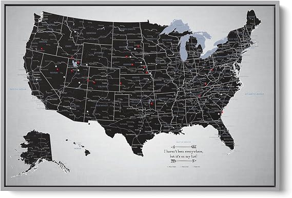 Push Pin Travel Maps Black Ice USA Canvas Personalized Travel Map with Pins, Decorative Wall Art Silver Float Frame 24" x 36"