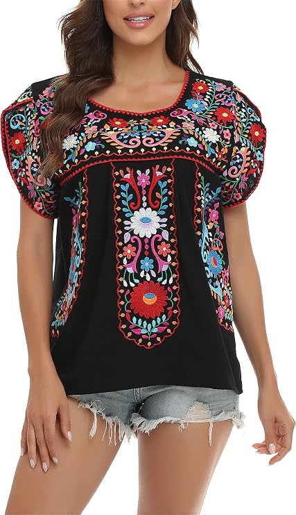 Womens Mexican Peasant Blouse Embroidered Tops Summer Vacation Boho Shirt
