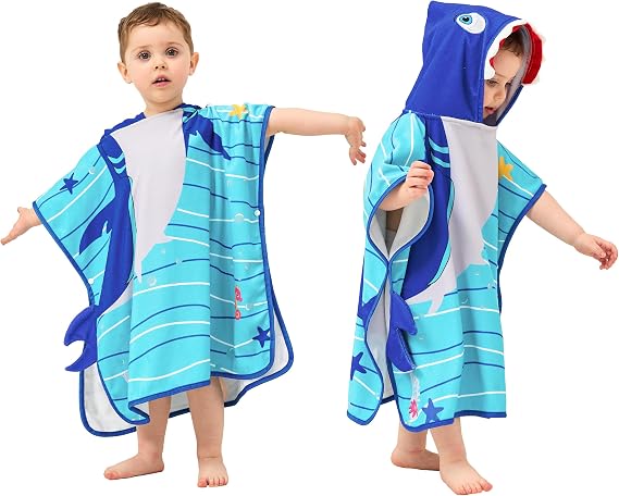 LOLANTA Hooded Towel for Kids Wearable Shark Towel Toddler Towels,Blue,1-3T