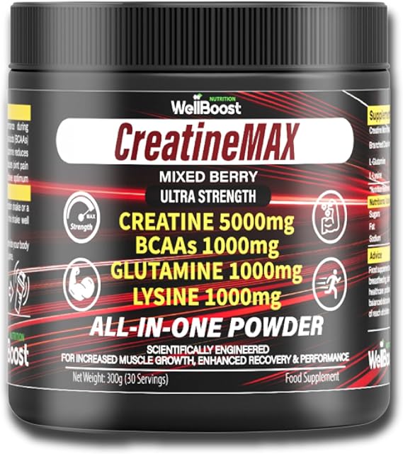 WellBoost CreatineMAX Powder - 5000mg Creatine Monohydrate, 1000mg BCAAs, Glutamine, Lysine per Serving - Sugar Free, Mixed Berry Flavour - Lean Muscle, Recovery & Endurance - 300g, 1 Month Supply