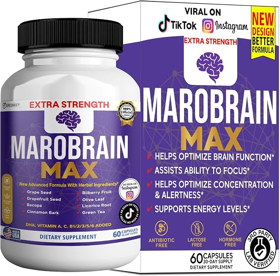 MAROBRAIN MAX Extra Strength Brain Support Supplement, 60 Capsules, with Herbal Blend, Vitamins A C D B-Complex, DHA, Grape Seed, Bacopa (1)