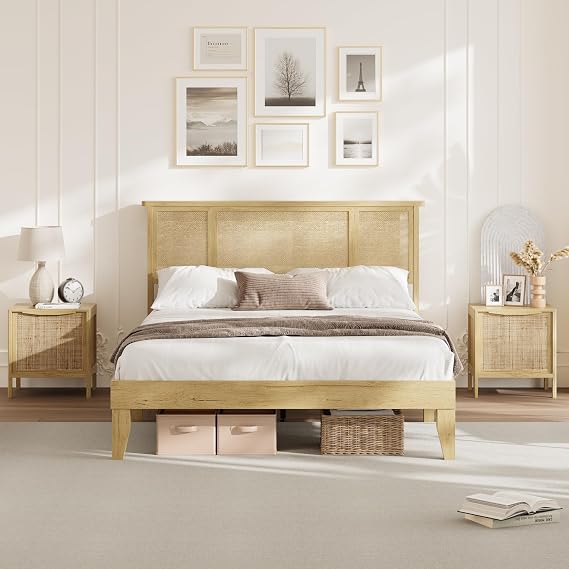 GarveeLife Full Size Rattan Bed Frame, Steel Base Frame Support, Hand Woven Cane Headboard Design, Minimalist No Box Spring Needed Foundation, Stylish Room Interior Furniture