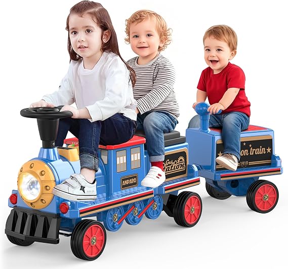 ANPABO Ride On Train Set Trackless, Include 1 Locomotive&1 Carriage, Blue | 12v kids car with height-adjustable seat, extra storage, headlight, train whistle & music, electric car for kids 3+