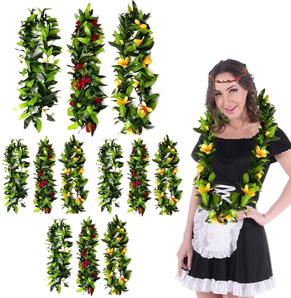 Besutolife Hawaiian Luau Leis Tropical Artificial Flower Leis Necklaces for Graduation Hula Costume Beach Party Hawaiian Luau Party 12 PCS